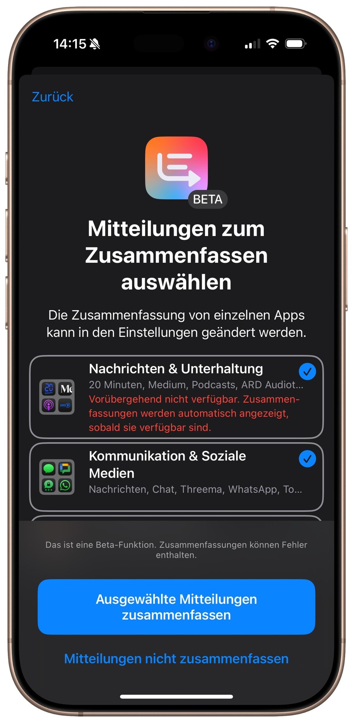 Apple-KI: «Mitteilungen zusammenfassen»