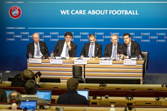 Left to right: Alasdair Bell, director of legal affairs, Theodore Theodoridis, UEFA General Secretary, Aleksander Ceferin, UEFA president , Giorgo Marchetti, deputy general secretary and Pedro Pinto,  ...