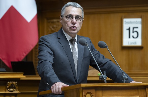 Bundesrat Ignazio Cassis spricht im Nationalrat an der Herbstsession der Eidgenoessischen Raete, am Montag, 15. September 2025, in Bern. (KEYSTONE/Peter Schneider)