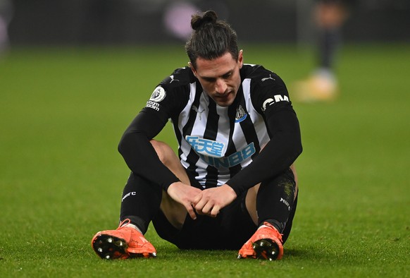 epa08967283 Fabian Schar of Newcastle reacts at the end of the English Premier League soccer match between Newcastle United and Leeds United in Newcastle, Britain, 26 January 2021. EPA/Stu Forster / P ...