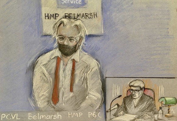 A sketch by court artist Elizabeth Cook depicting Julian Assange, left, as he appears by video link at the High Court in London, Wednesday Aug. 11, 2021. The Britain&#039;s High Court granted the U.S. ...