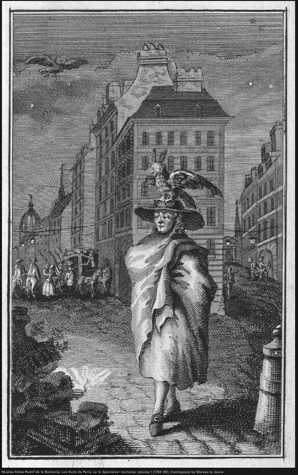 Rétif de la Bretonne 1788 als Nachtwanderer in Paris, mit einer Eule – quasi als Nachtsichtgerät.