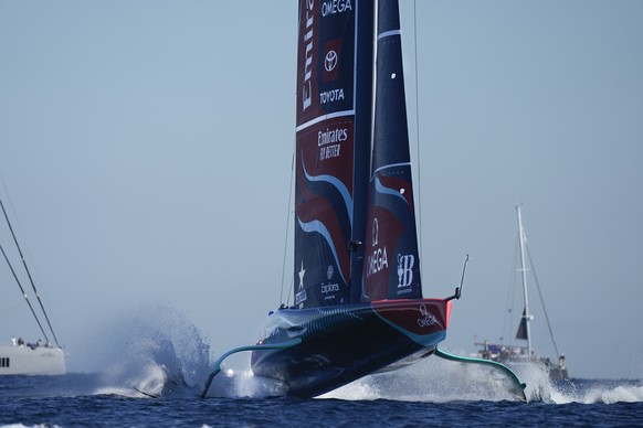Emirates Team New Zealand races during the Louis Vuitton 37th America&#039;s Cup Day 6 race 9 in Barcelona, Spain, Saturday, Oct.19, 2024. (AP Photo/Bernat Armangue)