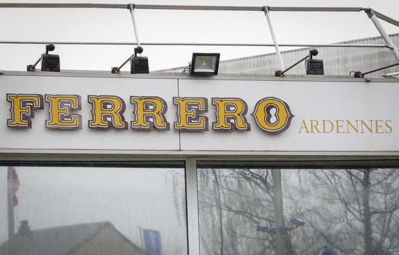 epa09875408 The logo is seen of Ferrero factory in Arlon, Belgium, 07 April 2022. Cases of salmonellosis linked to Kinder products manufactured in the Ferrero Ardennes factory in Arlon are increasing. ...