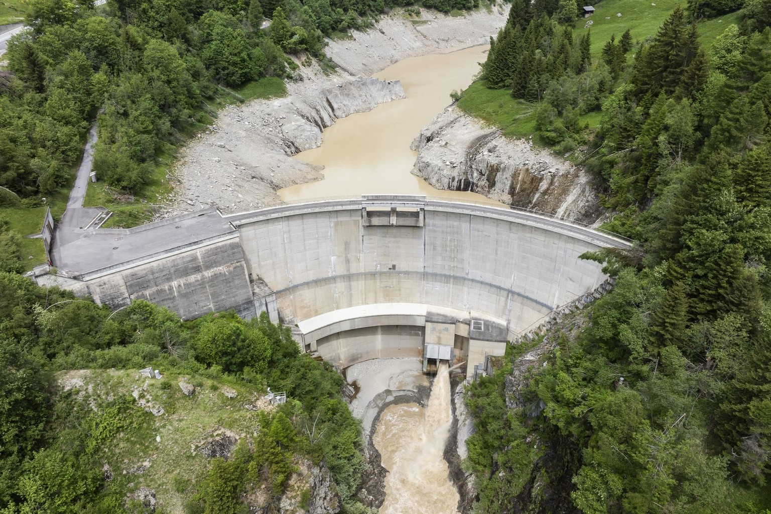 A view of the Ferden Dam, in Ferden, Switzerland, Sunday, June 1, 2025. A large part of the village of Blatten, located in the Loetschental Valley in the canton of Valais, was buried under masses of i ...