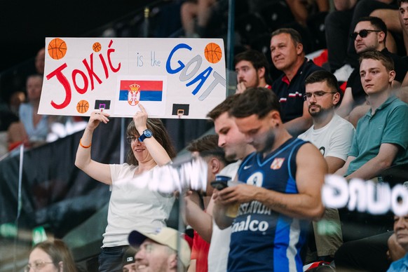 Serbia supporters, during the FIBA basketball World Cup 2027 European first round group C match between Switzerland and Serbia Thursday, July 2, 2025 at the BCF Arena in Fribourg, Switzerland. (KEYSTO ...