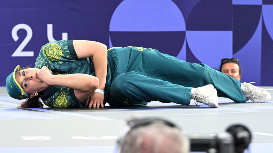 epa11540134 Raygun of Australia breaks during her B-Girls round robin group B battle at the Breaking competitions in the Paris 2024 Olympic Games, at the La Concorde in Paris, France, 09 August 2024.  ...