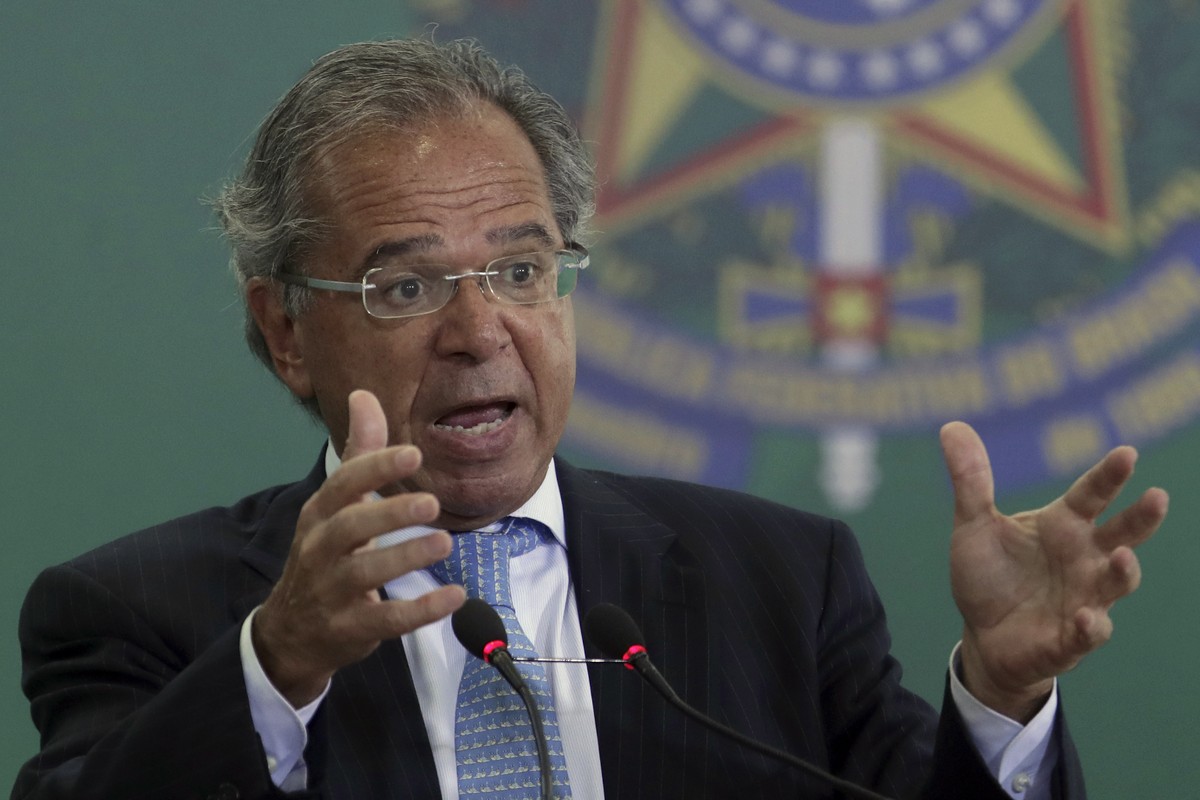 Brazil's Economy Minister Paulo Guedes speaks during a ceremony where the country's government bank presidents are to be presented at Planalto presidential palace in Brasilia, Brazil, Monday ...