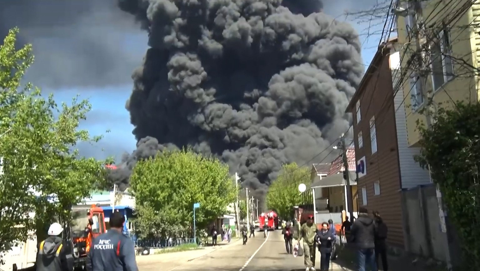 FILE - In this image taken from video released by Gov. Veniamin Kondratyev's Telegram channel, smoke rises after a drone attack on the oil refinery and terminal in Tuapse, Russia, Wednesday, Apri ...
