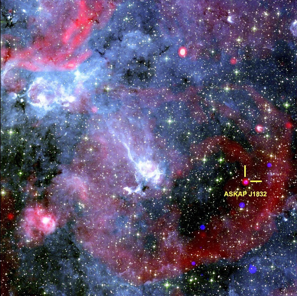 An image of the sky showing the region around ASKAP J1832-0911. The yellow circle marks the position of the newly discovered source. This image shows X-rays from NASA’s Chandra X-ray Observatory, radi ...