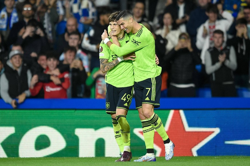 SAN SEBASTIAN, SPAIN - NOVEMBER 03: Alejandro Garnacho of Manchester United, ManU celebrate a goal with Cristiano Ronaldo during the UEFA Europa League group E match between Real Sociedad and Manchest ...