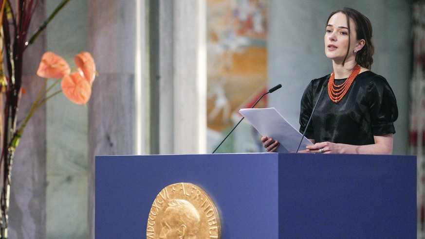 Oleksandra Matviychuk of Ukraine's Center for Civil Liberties, left, speaks at the Nobel Peace Prize ceremony at Oslo City Hall, Norway, Saturday, December 12.  10, 2022. This year's Nobel Prize winners…