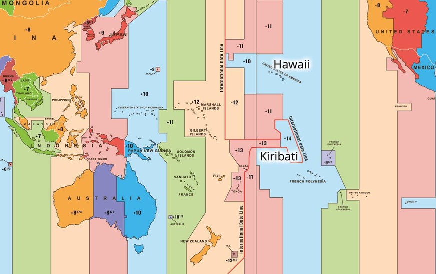 Kiribati zeigt, wie sehr die internationale Datumslinie (rot) gebogen wurde. Auch spannend: Die zu Japan gehörende Insel Minamitori-Shima, die eigentlich in der Zeitzone +10 liegt, aber da noch zu Jap ...