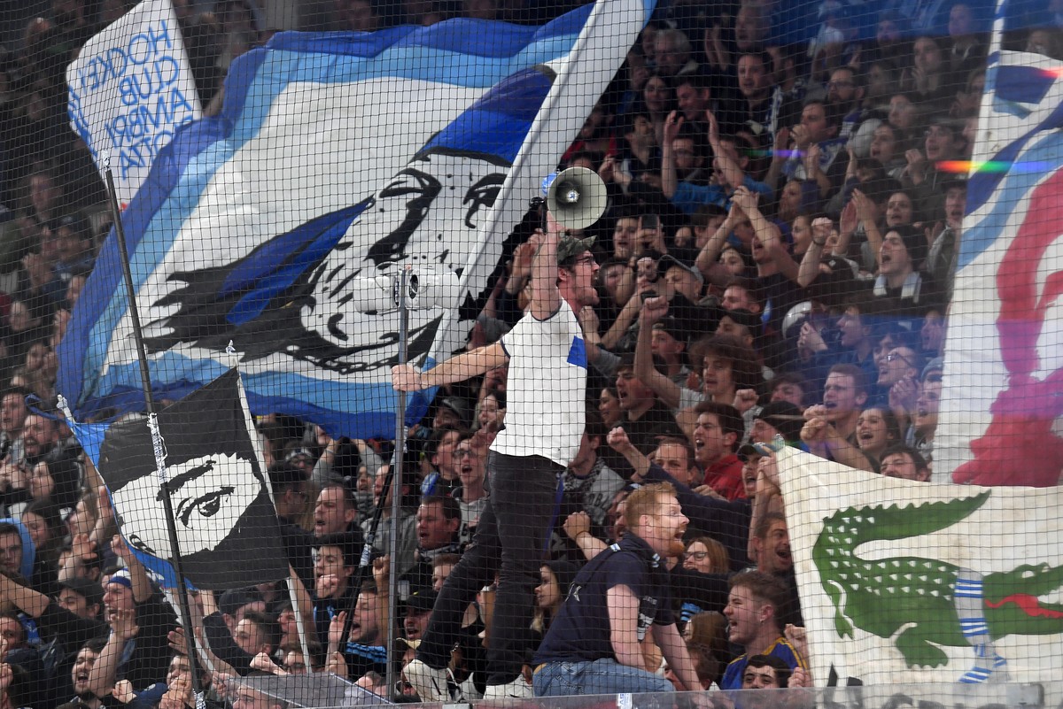 Ambri's fans during the preliminary round game of National League Swiss Championship between HC Ambri-Piotta and SC Rapperswil-Jona Lakers at the Gottardo Arena in Ambri, on Monday, 14 March 2022 ...