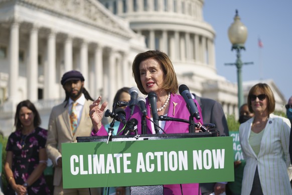 Speaker of the House Nancy Pelosi, D-Calif., talks at an event on the urgent need to counter climate change in the US with transformational investments in clean jobs, at the Capitol in Washington, Wed ...