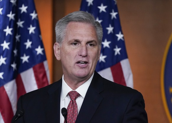 FILE - House Minority Leader Kevin McCarthy, R-Calif., responds to reporters at the Capitol in Washington, Dec. 3, 2021, about the behavior of Rep. Lauren Boebert, R-Colo. McCarthy appears to have set ...