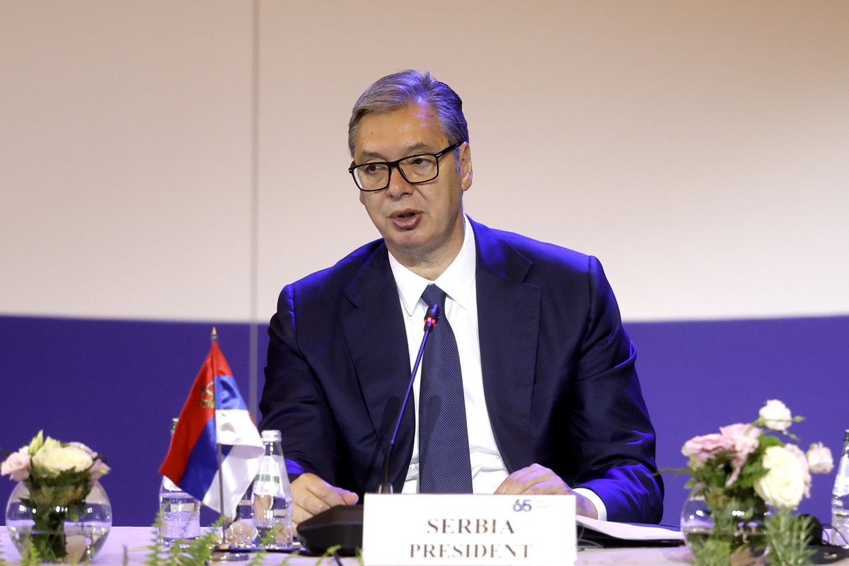 epa13203900 Serbian President Aleksandar Vucic attends the high-level commemorative meeting to mark the 65th anniversary of the Non-Aligned Movement in Belgrade, Serbia, 01 September 2026. The First C ...
