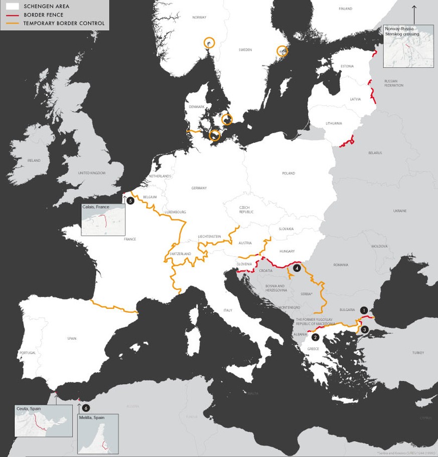 Rückkehr der Grenzen: Temporäre Grenzkontrollen (gelb) im Schengenraum (weiss), Grenzzäune (rot). 