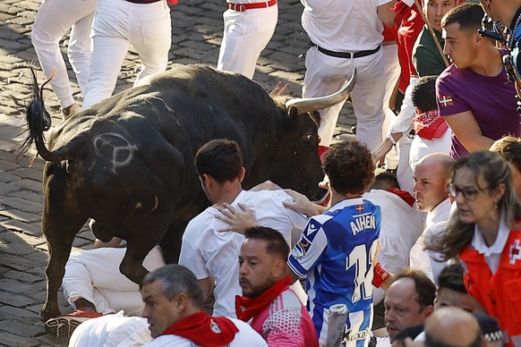 epa13109945 Mozos, or runners, are chased by bulls from the Jandilla ranch during the final bull run of the San Fermin festival in Pamplona, Navarra, northern Spain, 14 July 2026. The final bull run w ...