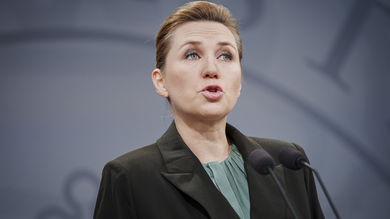 epa11217948 Danish Prime Minister Mette Frederiksen speaks at a press conference on strengthening the armed forces, at the Spejlsalen State Ministry, Christiansborg, Copenhagen, Denmark, March 13, 2024...