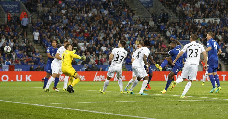 Football Soccer Britain - Leicester City v Swansea City - Premier League - King Power Stadium - 27/8/16
Leicester City&#039;s Wes Morgan scores their second goal 
Action Images via Reuters / Carl Re ...