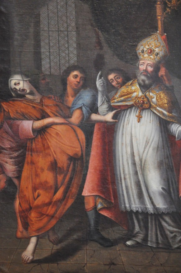 Der heilige Exuperius führt einen Exorzismus durch, Gemälde von Rupalley in der Kathedrale von Bayeux.