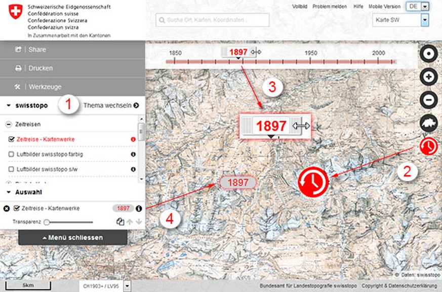 Die Funktion «Zeitreise» mit den neu aufbereiteten Luftbildern ist im Kartenviewer des Geoportals des Bundes map.geo.admin.ch integriert.