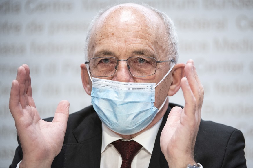 Bundesrat Ueli Maurer spricht an einer Medienkonferenz zu Covid 19 Massnahmen, am Mittwoch, 27. Januar 2021, in Bern. (KEYSTONE/Peter Schneider)