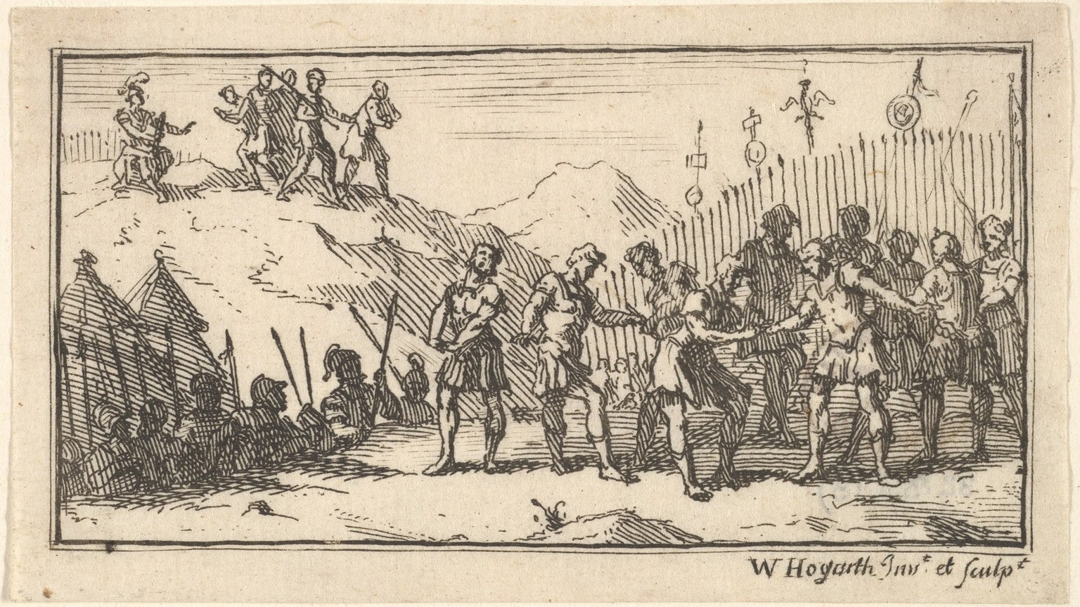 Decimation. Etching by William Hogarth in Beaver&#039;s Roman Military Punishments (1725)