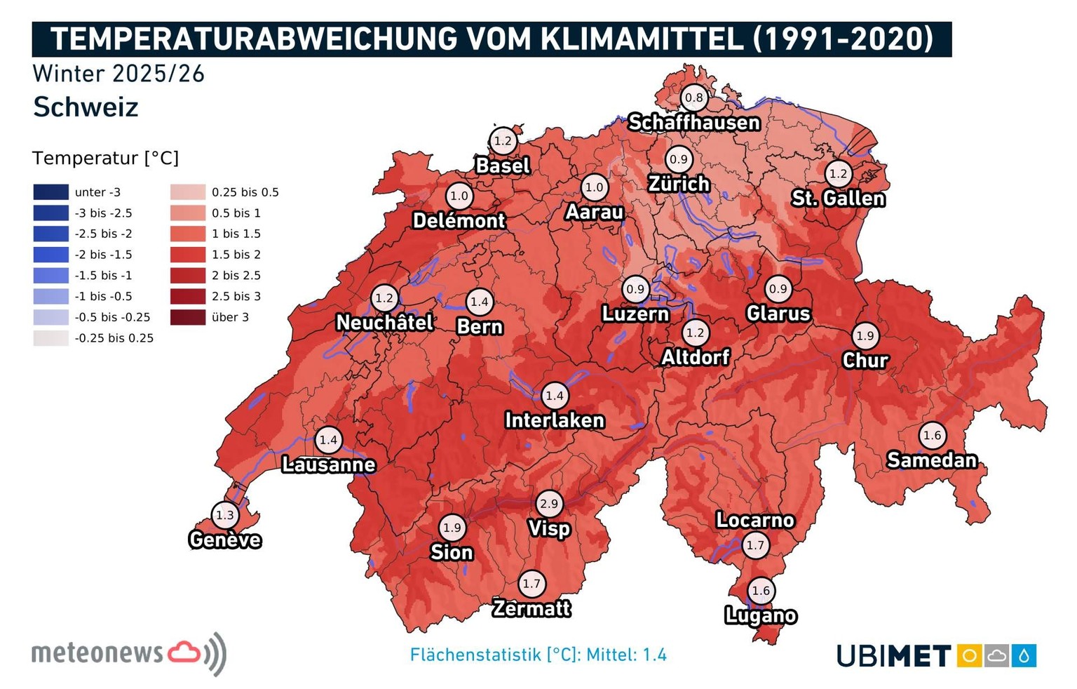 Temperaturabweichung im Winter 25/26 verglichen mit der Norm der Jahre 1991 - 2020.