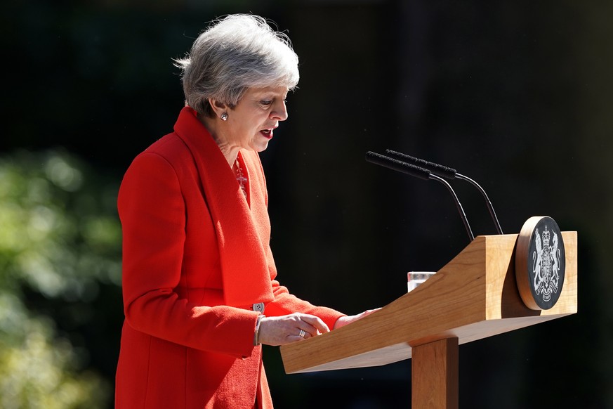 epa07596522 Britain&#039;s Prime Minister Theresa May makes a statement on at Downing Street in London in Britain, 24 May 2019. May announced she would resign from office on 07 June 2019. Amid the gri ...
