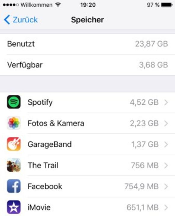 Wer die vorinstallierten Apps GarageBand und iMovie löscht, schaufelt 2 GB internen Speicher frei.