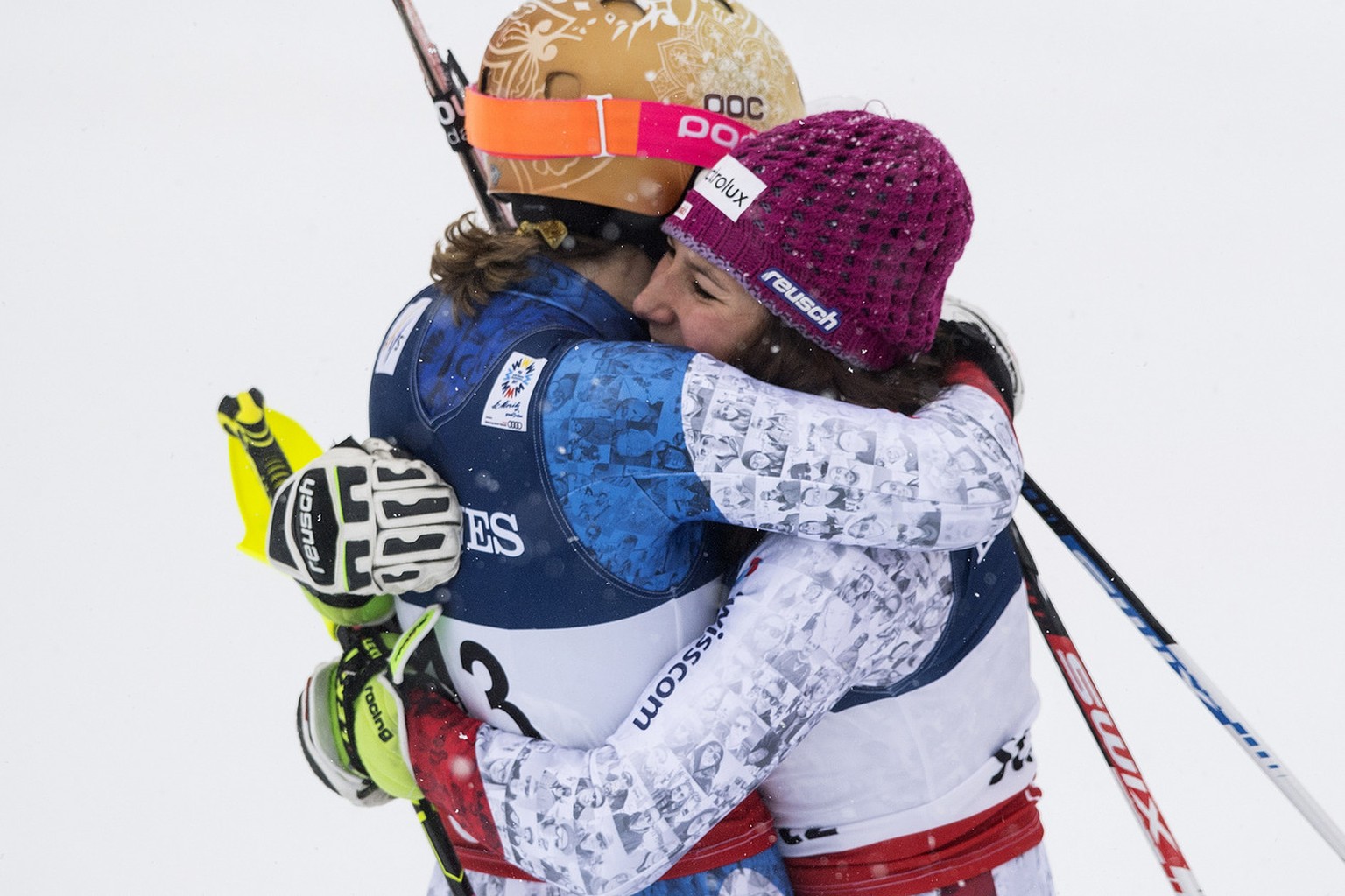 Wendy Holdener, winner, right, and Michelle Gisin, third place, of Switzerland react in the finish area during the women alpine combined award ceremony at the 2017 FIS Alpine Skiing World Championship ...