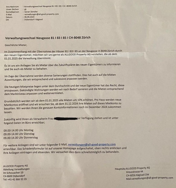 Drei Monate vor der Kündigung stellte sich die neue Verwaltung mit diesem Schreiben vor. Und kündigte sogleich eine Mietzinserhöhung von zehn Prozent an.