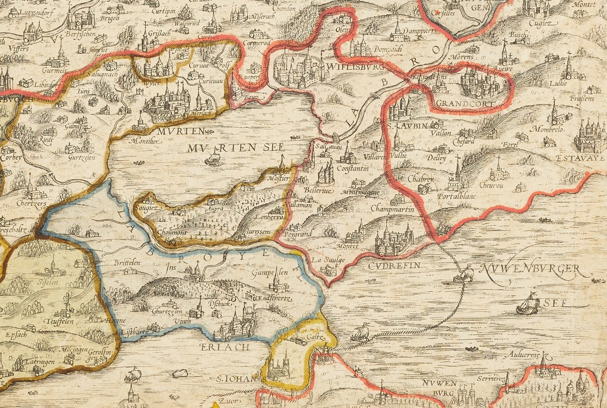 Détail de la carte Schöpf de 1578, orientée au sud, montrant les lacs de Neuchâtel et de Morat.
https://www.e-rara.ch/bes_1/content/zoom/22317038
