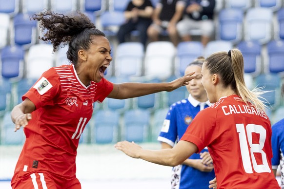 Switzerland&#039;s defender defender Viola Calligaris, right, celebrates her goal with teammate Switzerland&#039;s midfielder Coumba Sow, left, after scoring the 1:0, during the FIFA Women&#039;s Worl ...