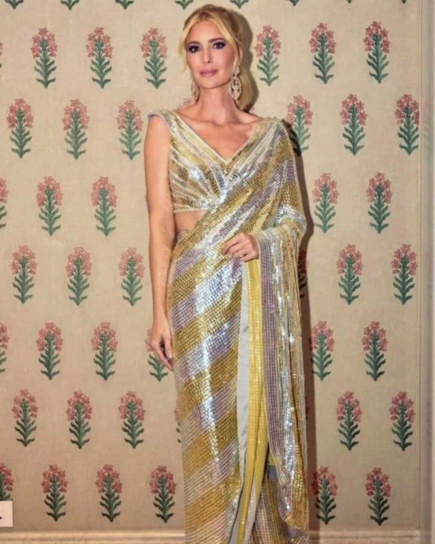 This photo released by the Reliance group shows Ivanka Trump posing for a photo at a wedding party of billionaire industrialist Mukesh Ambani's son, Anant Ambani, in Jamnagar, India, Saturday…