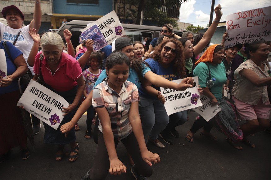 Women and girls celebrate outside court where Evelyn Hernandez was acquitted on charges of aggravated homicide in her retrial related to the loss of a pregnancy in 2016, in Ciudad Delgado on the outsk ...