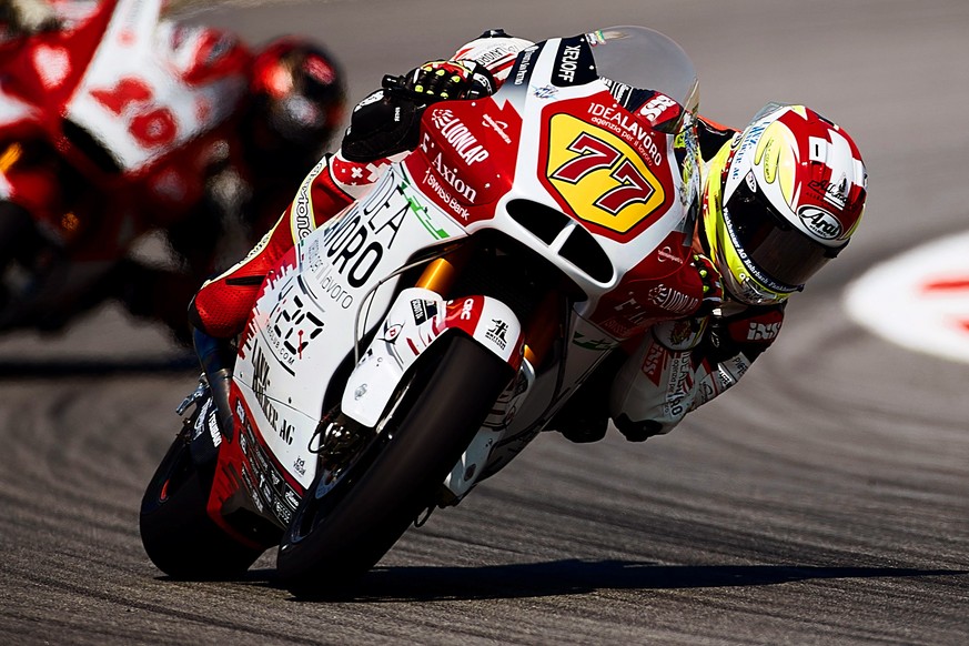 epa07649830 Swiss Moto2 rider Dominique Aegerter of the MV Agusta Idealavoro Forward team in action during the third free practice session of the Motorcycling Grand Prix of Catalunya at the Circuit de ...