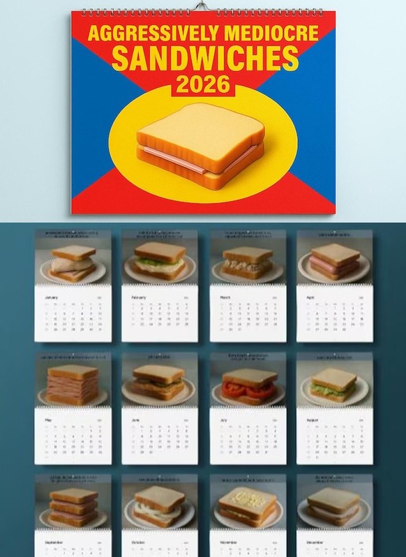 Aggressively Mediocre Sandwiches 2026 Calendar 

https://www.etsy.com/listing/4403142962/aggressively-mediocre-sandwiches-2026