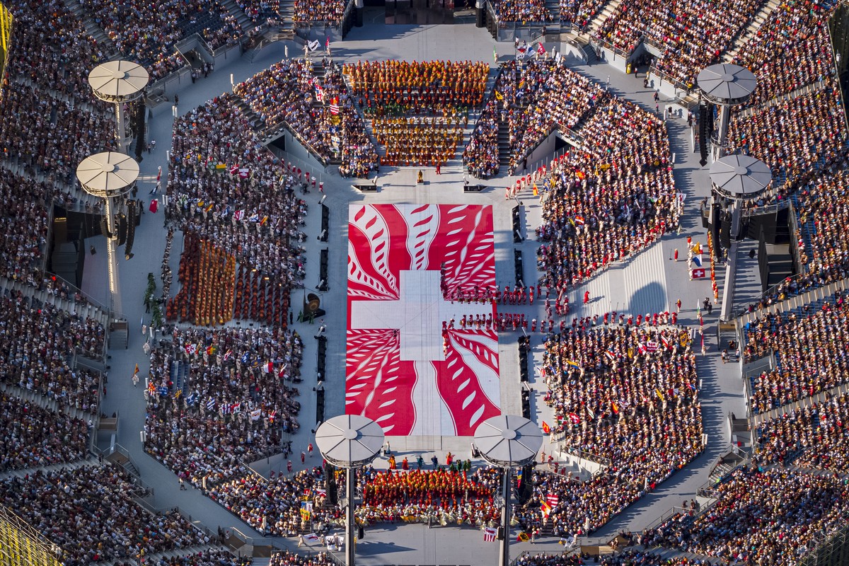 An aerial view shows the full arena of the "Fete des Vignerons" (winegrowers' festival in French), with a capacity of 20'000 spectators and hosting a giant central LED floor of app ...
