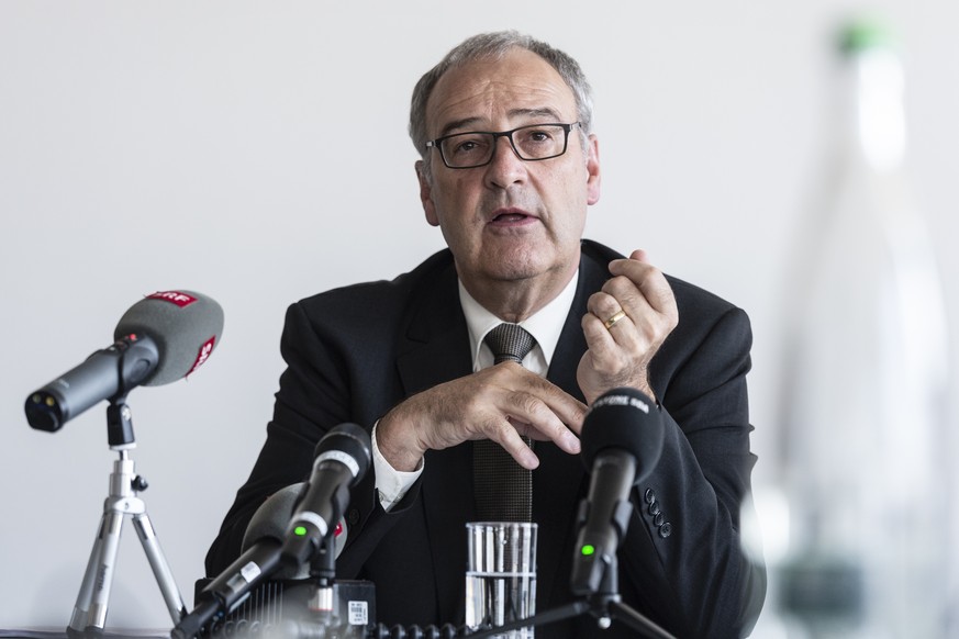 Bundesrat Guy Parmelin, Vorsteher des Departements fuer Wirtschaft, Bildung und Forschung WBF, spricht an einer Medienkonferenz zum Abschluss der Verhandlungen zwischen der Europaeischen Freihandelsas ...