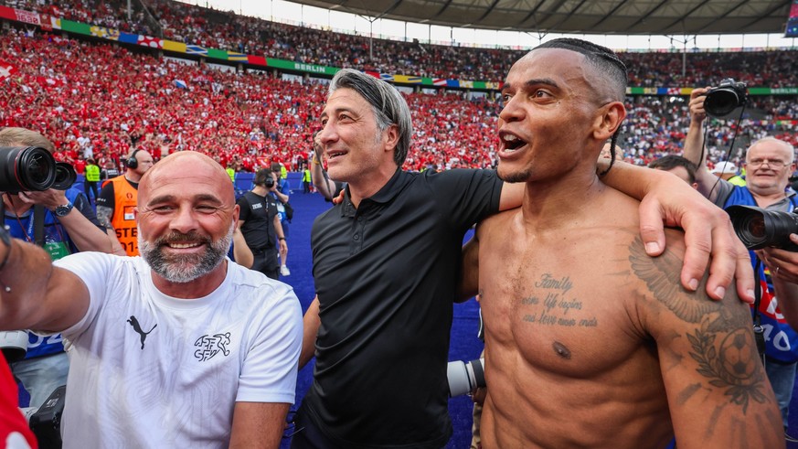 Switzerland manager Murat Yakin celebrates with Manuel Akanji Switzerland v Italy, UEFA European Championship, EM, Europameisterschaft 2024, Round of 16, Football, Olympiastadion, Berlin, Germany - 29 ...