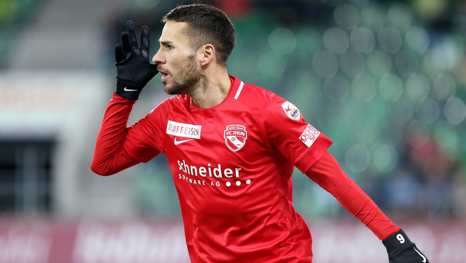 Der Thuner Dejan Sorgic freut sich nach seinem Fuehrungstreffer zum 0:1, aufgenommen am Samstag, 16. Februar 2019, beim Fussball Super-League Spiel zwischen dem FC St. Gallen gegen den FC Thun im kybu ...