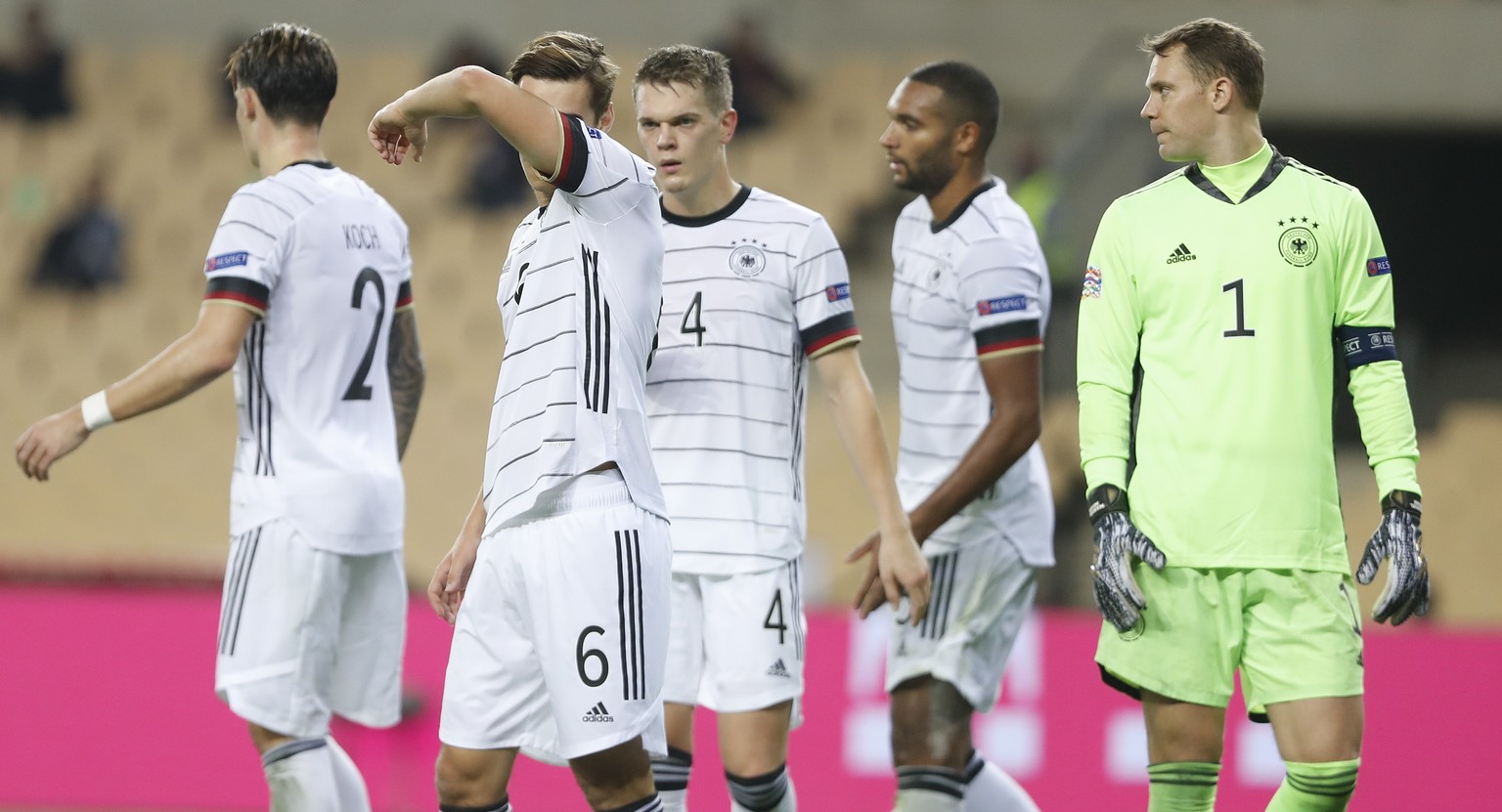 Germany&#039;s players react following the UEFA Nations League soccer match between Spain and Germany in Seville, Spain, Tuesday, Nov. 17, 2020. Spain won the match 6-0. (AP Photo/Miguel Morenatti)
DI ...