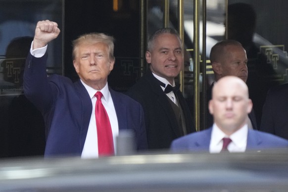 Former President Donald Trump will leave Trump Tower in New York on Tuesday, April 4, 2023. Trump will surrender in Manhattan on Tuesday to face criminal charges over hush money payments in 2016. (A...