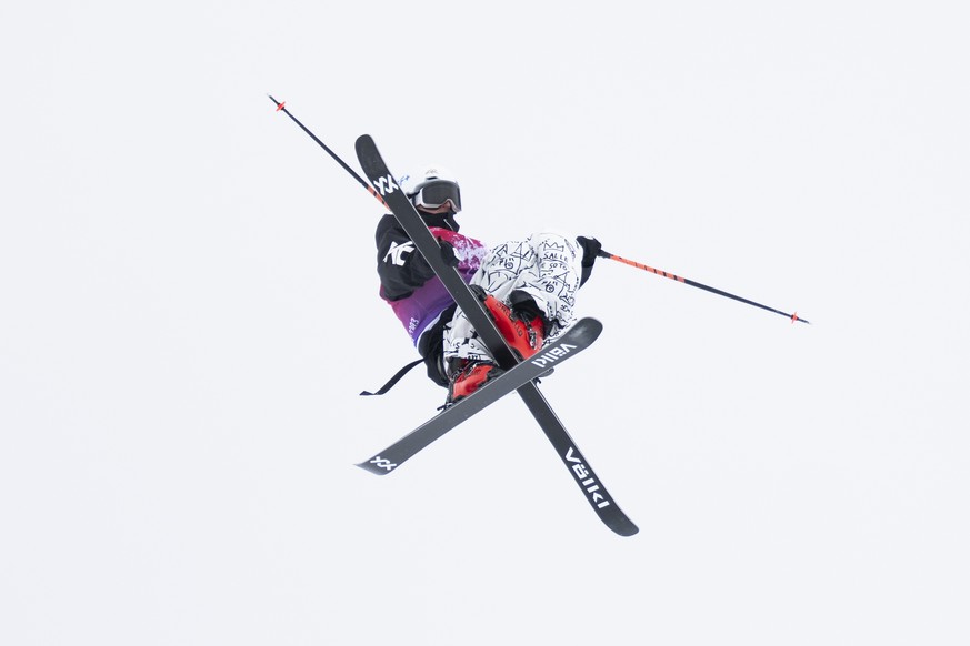 Andri Ragettli of Switzerland competes during training of the Freeski Slopestyle Worldcup finals, on Sunday, March 24, 2024, on Corvatsch mountain in Silvaplana, Switzerland. (KEYSTONE/Mayk Wendt)