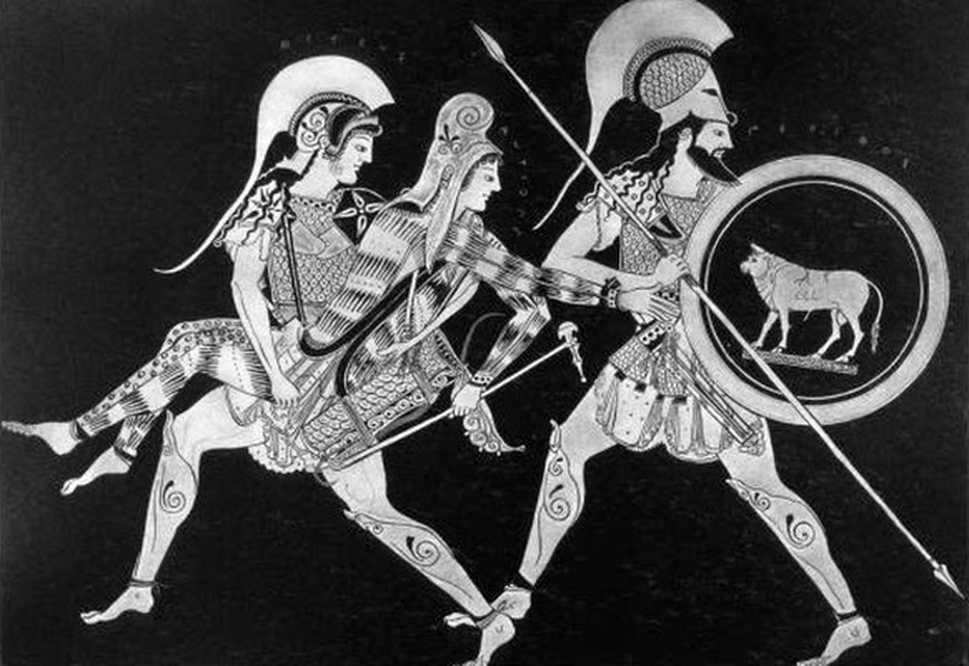 Antiope in skythischer Tracht wird entführt von Theseus und Peirithoos.