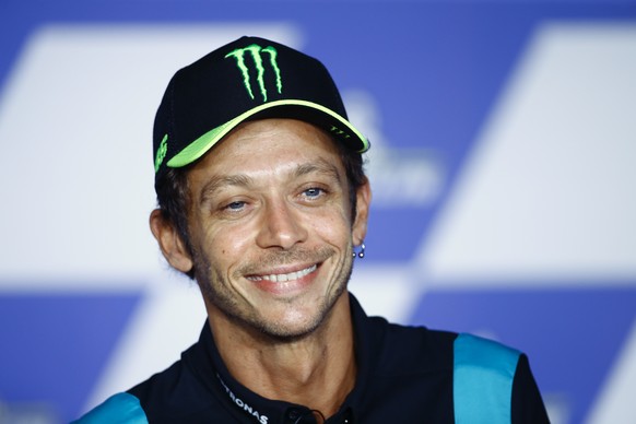 Italian rider Valentino Rossi attends a news conference ahead of the MotoGP motorcycle race Grand Prix of Styria at the Red Bull Ring in Spielberg, Austria, Thursday, Aug. 5, 2021. Rossi announced his ...