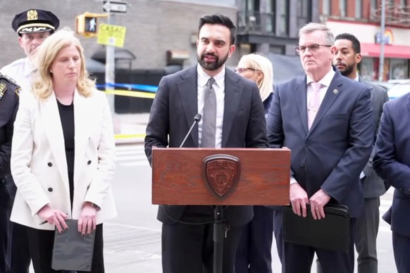 This image taken from video provided by the New York Police Department shows New York Mayor Zohran Mamdani, flanked by Police Commissioner Jessica Tisch, left, and Chief of Detectives Joseph Kenny, sp ...